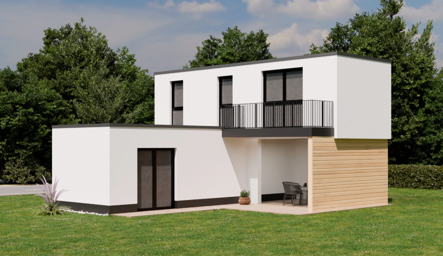 Ein 2geschossiges Mikrohaus. Mit Terrasse, überdachtem Hauseingang und Balkon.
