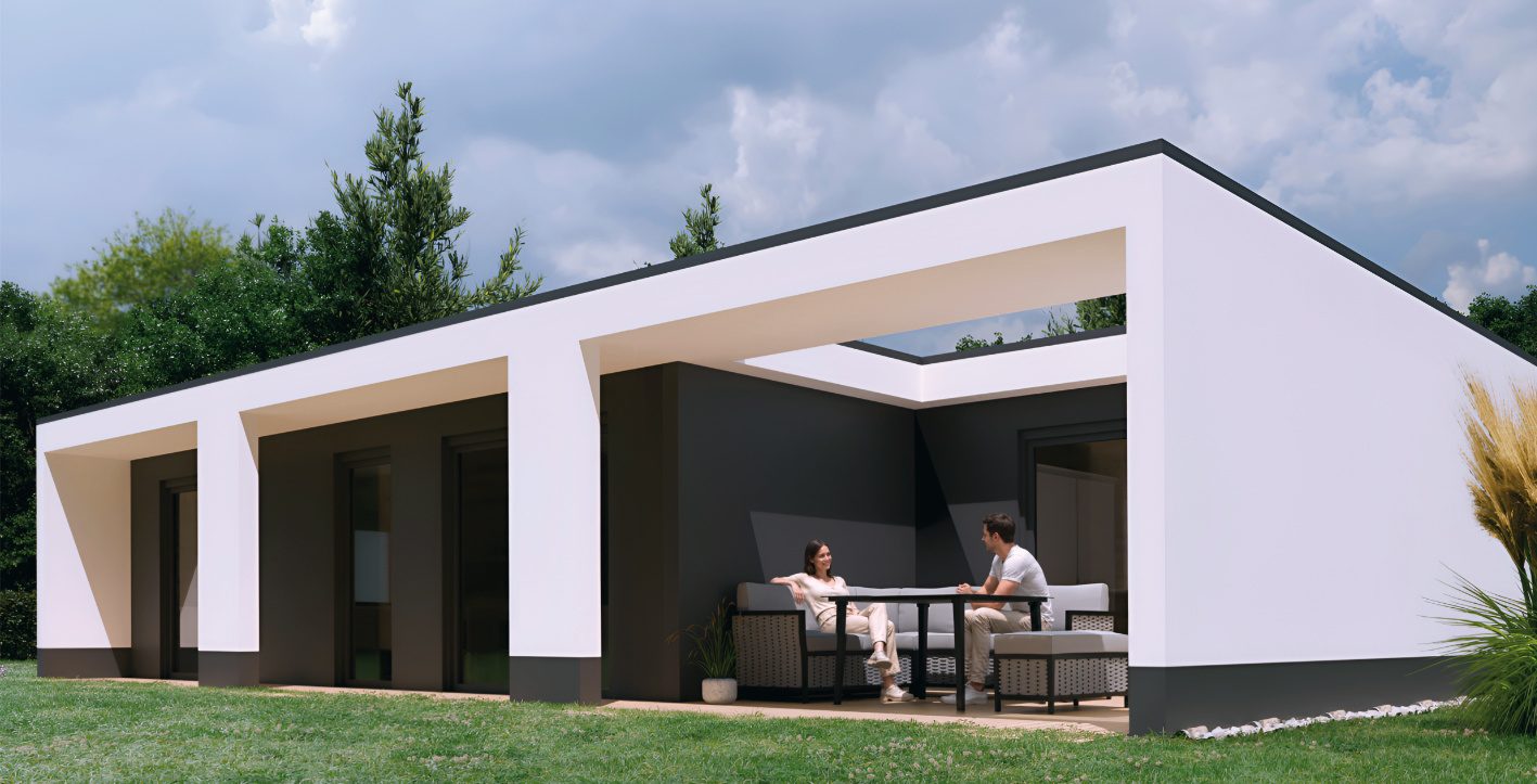 Die Rückseite des Tiny Haus MH1 bietet große Fensterflächen und eine sicht- und windgeschützte Terrasse.