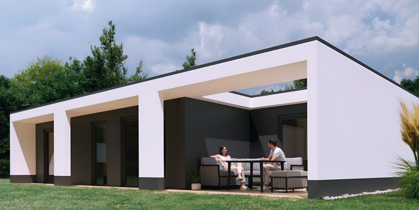 Tiny Haus MH1 Das Modell MH1 ist 51,8 qm groß und hat eine integrierte, sicht- und windgeschützte Terrasse.