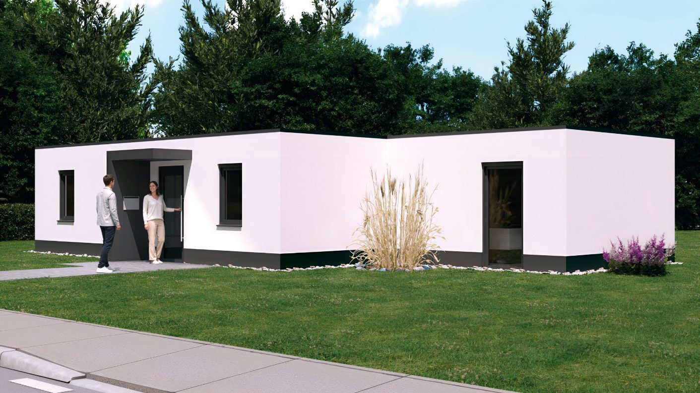 Vorderseite des Tiny Haus Modells MH1 Durch die 2 versetzten Module ergibt sich bei diesem Tiny Haus eine ganz besondere Architektur.