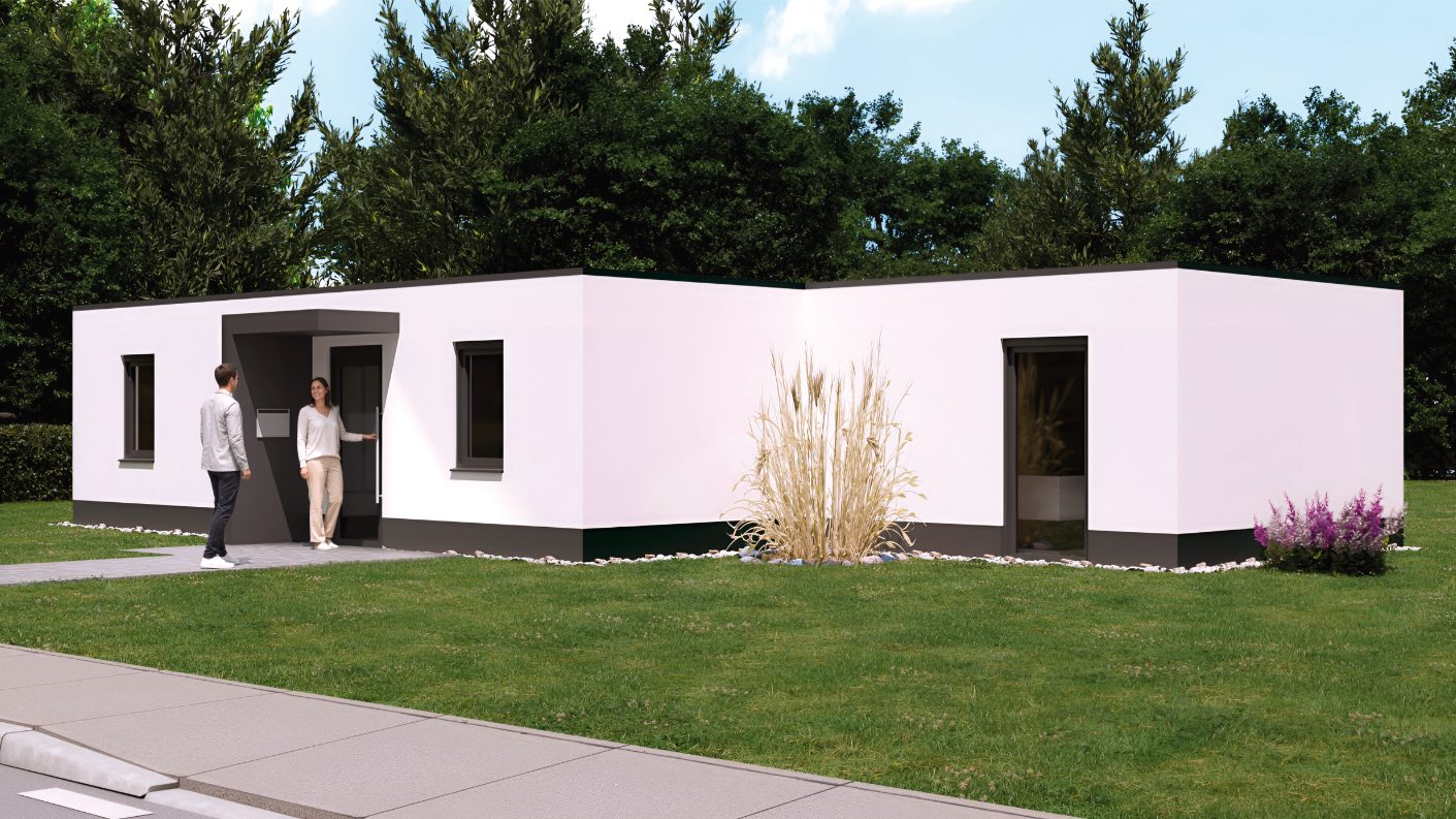 Vorderseite des Tiny Haus Modells MH1 Durch die 2 versetzten Module ergibt sich bei diesem Tiny Haus eine ganz besondere Architektur.