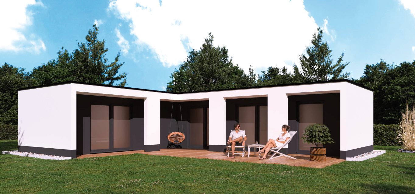 Mikrohaus ML2 Ein 2geschossiges Mikrohaus. Mit Terrasse, überdachtem Hauseingang und Balkon.