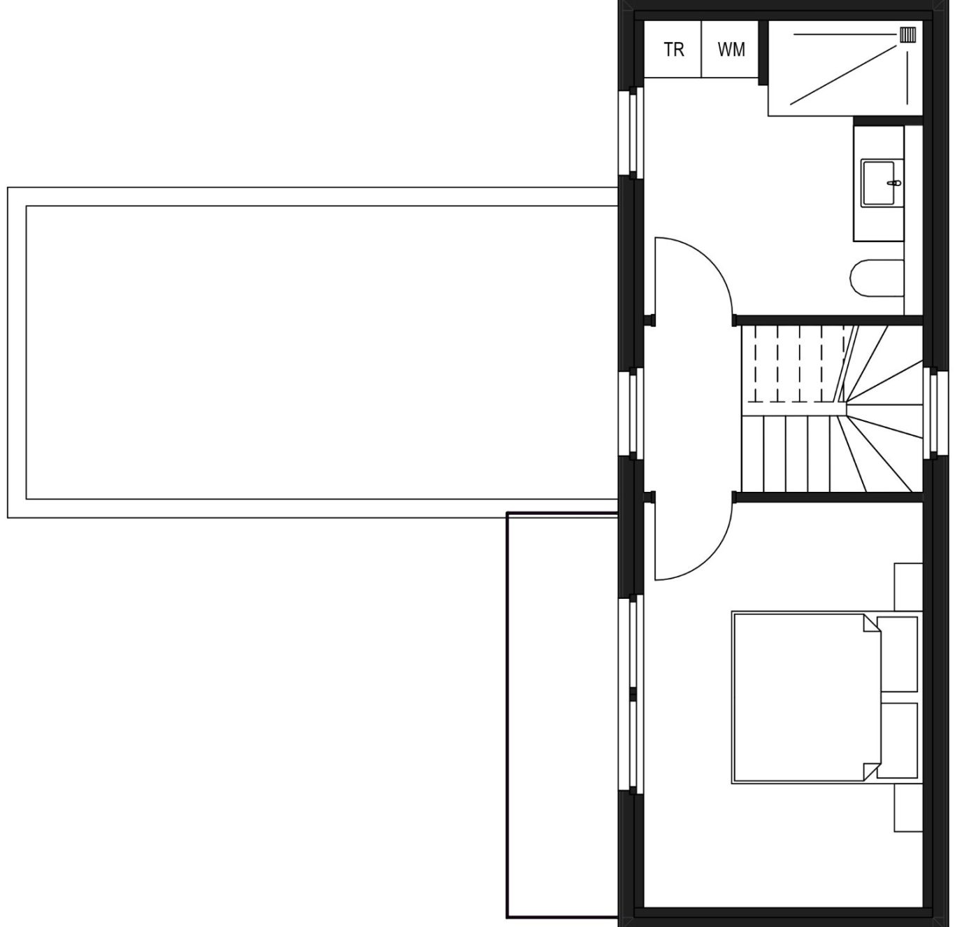 Im Obergeschoss befindet sich das großzügige Bad und das Schlafzimmer mit angeschlossenem Balkon.