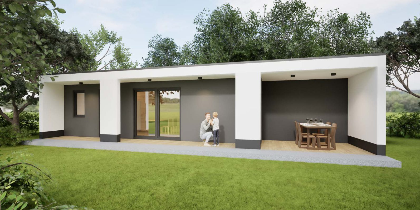 Ein Modulhaus mit 2 Zimmern und unter 25qm Wohnfläche.