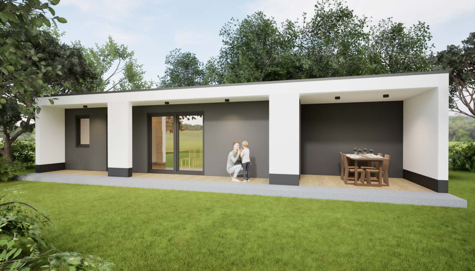 Ein Modulhaus mit 2 Zimmern und unter 25qm Wohnfläche.