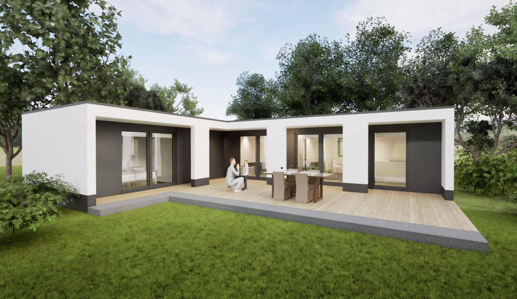 Ein 2geschossiges Mikrohaus. Mit Terrasse, überdachtem Hauseingang und Balkon.