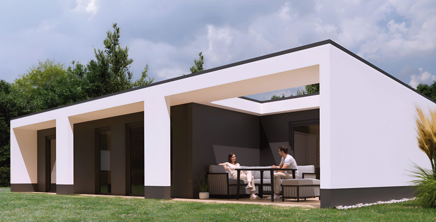 Die Rückseite des Tiny Haus MH1 bietet große Fensterflächen und eine sicht- und windgeschützte Terrasse.