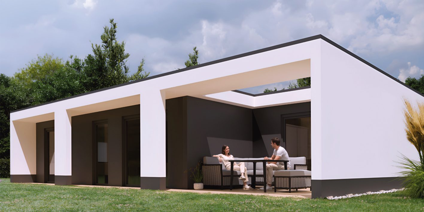 Tiny Haus MH1 Das Modell MH1 ist 51,8 qm groß und hat eine integrierte, sicht- und windgeschützte Terrasse.
